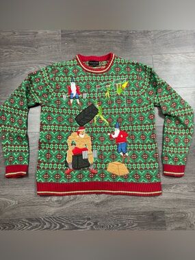 Festive Green and Red Holiday Sweater with Novelty Appliqués